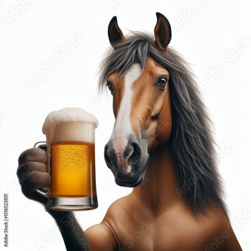 Humorous horse enjoying a refreshing beer, realistic animal photography