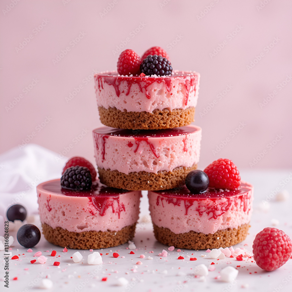 layered mini berry cheesecakes with a brown crust and pink filling, stacked for Valentines layered mini berry cheesecakes with a brown crust and pink filling, stacked for Valentines