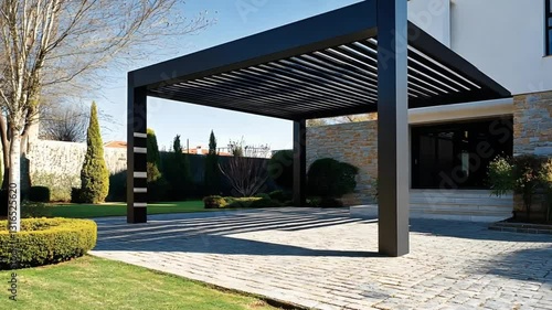 Modern black pergola over driveway, sunny backyard. Use for home design, landscaping, or backyard