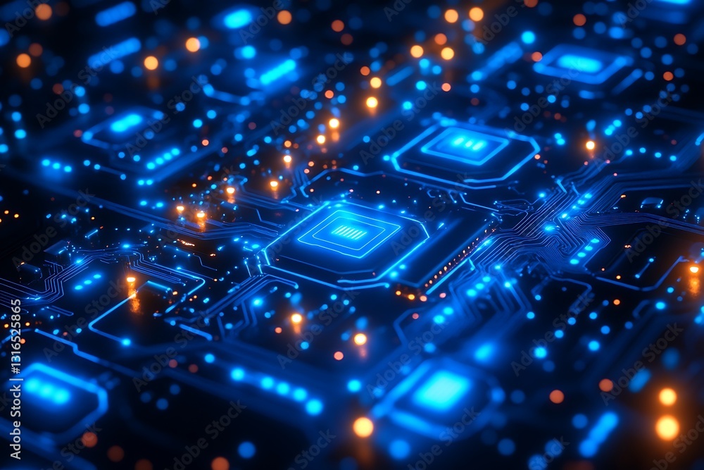 Futuristic Circuit Board Abstract Technology Background with Glowing Blue and Orange LEDs Futuristic Circuit Board Abstract Technology Background with Glowing Blue and Orange LEDs