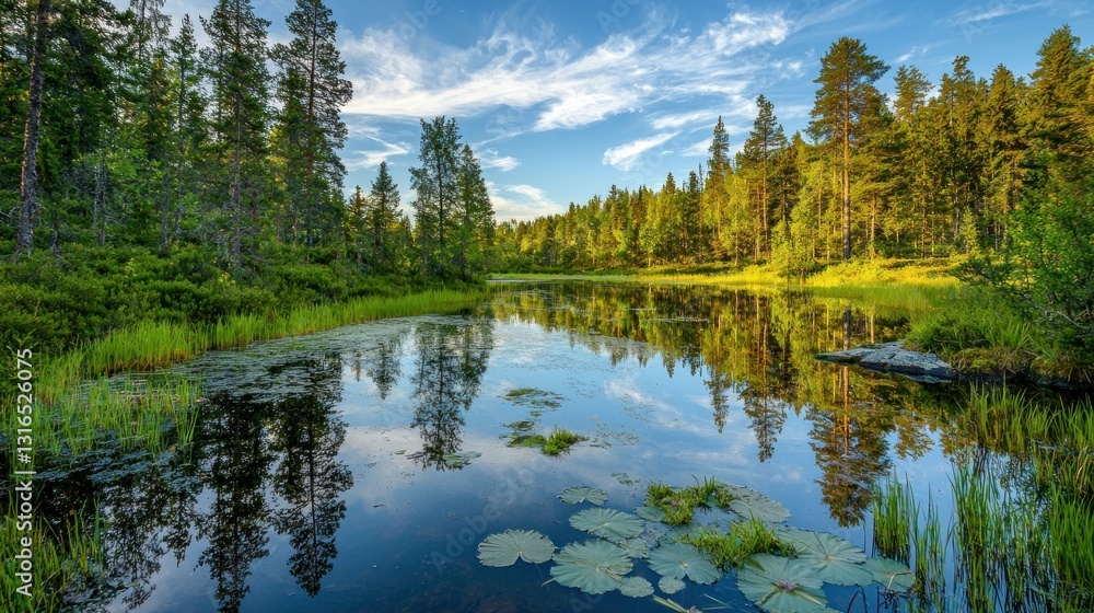 Fototapeta premium Serene forest lake reflecting sky, lush greenery.