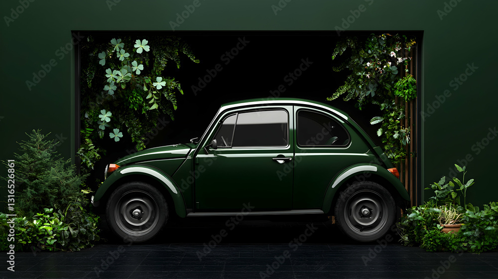 A green vintage car parked in a botanical environment