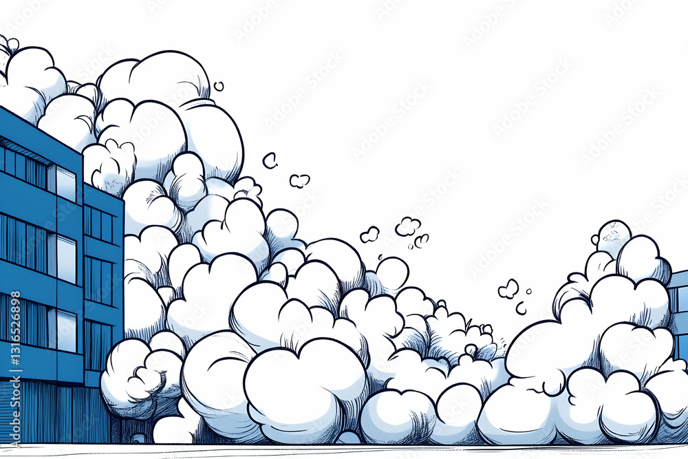 Stylized Illustration of a Building Obscured by a Massive Cloud of Smoke, Depicting an Urban Scene with a Dramatic Atmosphere.