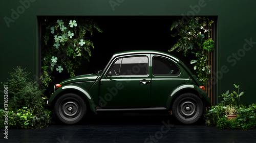 Obraz na płótnie A green vintage car parked in a botanical environment w salonie