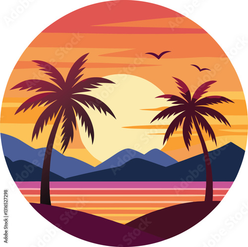 Serene Tropical Sunset with Palm Trees and Mountains, t-shirt design