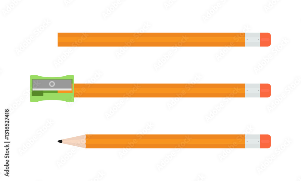 Three stages of pencil sharpening. Set of unsharpened, partially sharpened with sharpener attached, and fully sharpened pencils. Vector illustration isolated on a white background