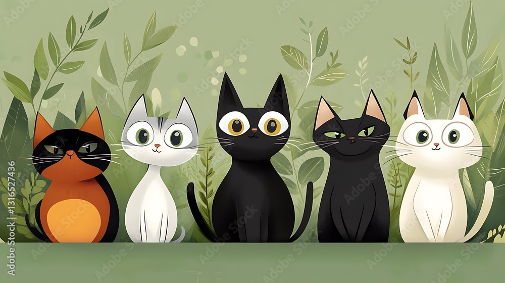 Obraz premium Charming Lineup of Five Cats in a Hand-Drawn Illustration AI Generated