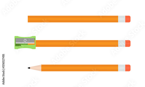 Obraz na płótnie Three stages of pencil sharpening. Set of unsharpened, partially sharpened with sharpener attached, and fully sharpened pencils. Vector illustration isolated on a white background w salonie