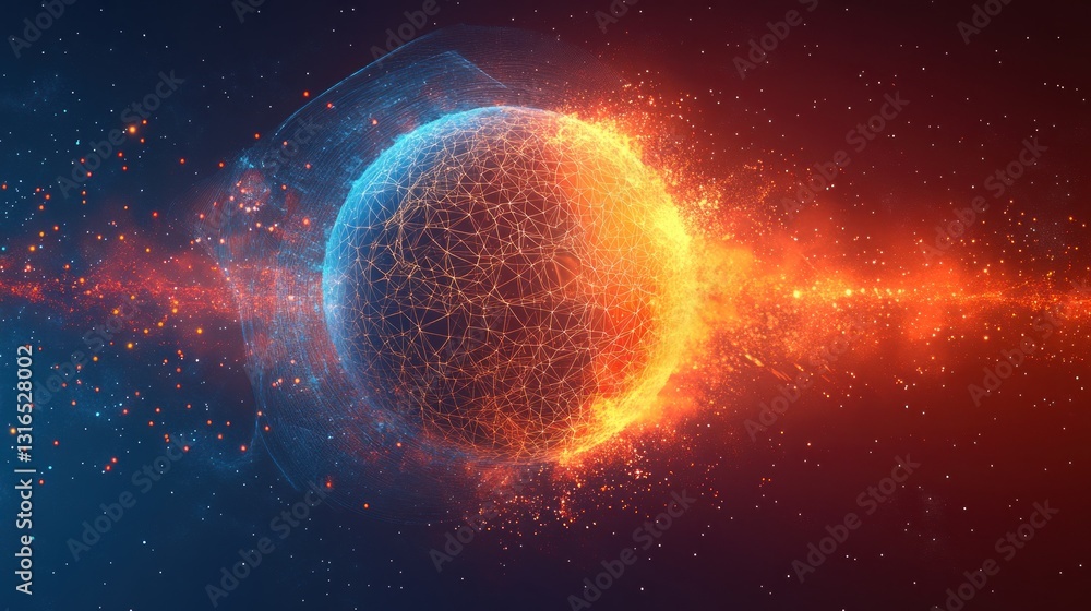 Obraz premium Abstract digital planet splitting, fiery and icy halves, cosmic background