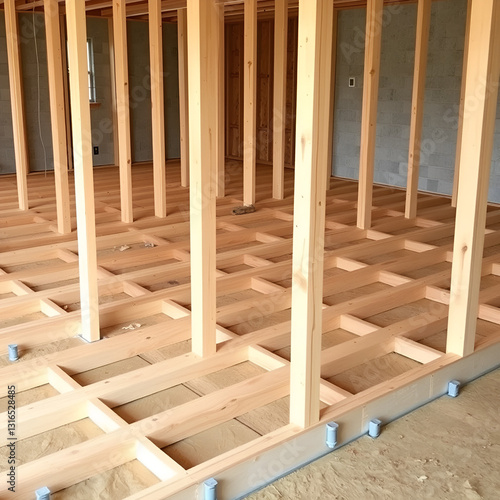 New home construction, subfloor built on foundation, sill plates installed with anchor bolts, floor joists in place, ready for plywood layer photo