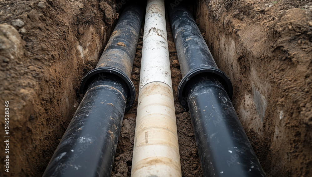 Fototapeta premium Three large black plastic pipes are positioned within a trench, recently excavated for utility installation in an urban landscape