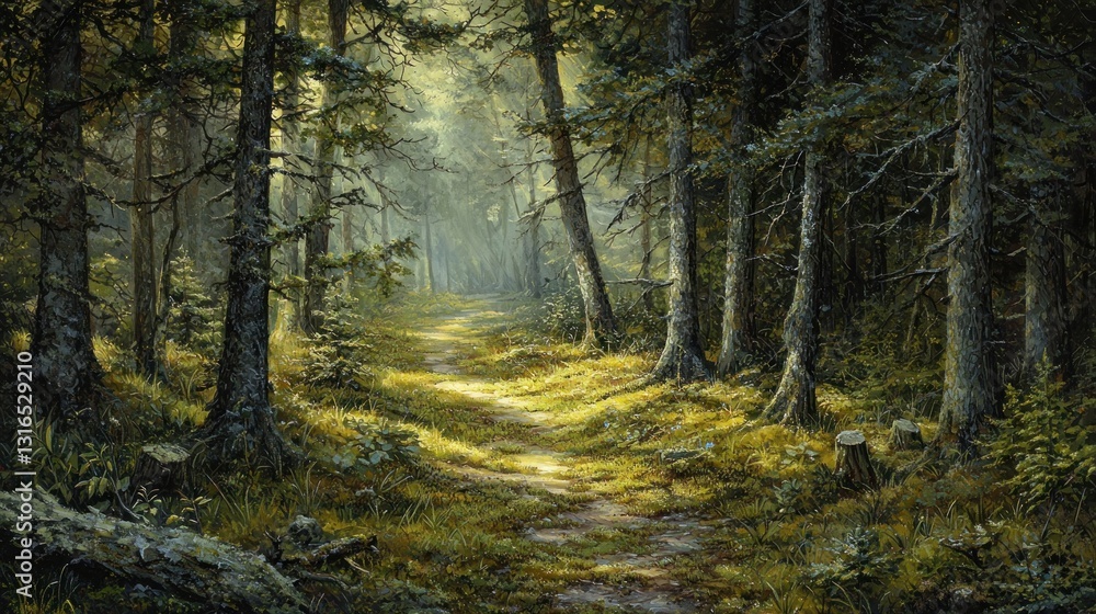 Obraz premium Sunlit path through a tranquil, lush forest.