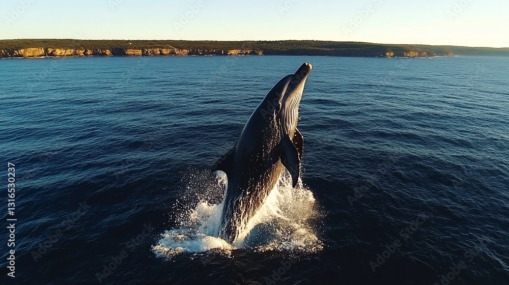 Naklejka premium Dolphin leaps from ocean near shoreline during golden hour