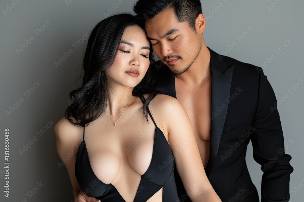 A timeless portrait of a couple dressed in classic attire, styled against a neutral background A timeless portrait of a couple dressed in classic attire, styled against a neutral background