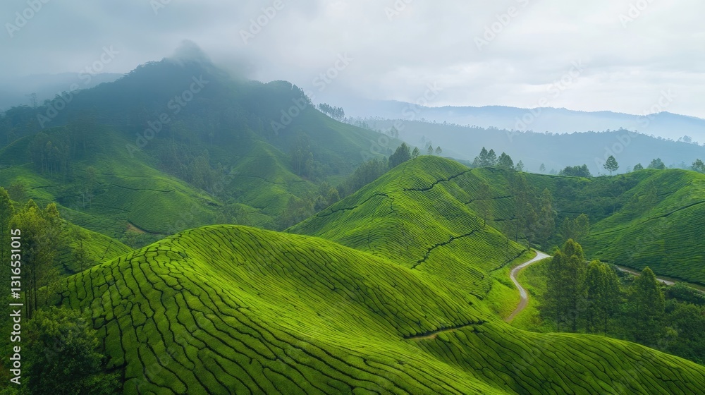 Lush green tea plantations rolling across misty hills landscape view Lush green tea plantations rolling across misty hills landscape view