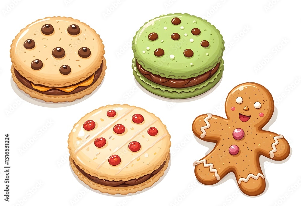 different cookie designs including chocolate chip, colorful macarons, classic shortbread, and a gingerbread cookie, all in a charming, children's storybook illustration style. different cookie designs including chocolate chip, colorful macarons, classic shortbread, and a gingerbread cookie, all in a charming, children's storybook illustration style.