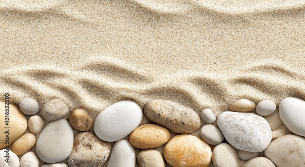 A tranquil shore showcases a blend of soft sand and various pebbles, creating a calming natural landscape at dawn A tranquil shore showcases a blend of soft sand and various pebbles, creating a calming natural landscape at dawn