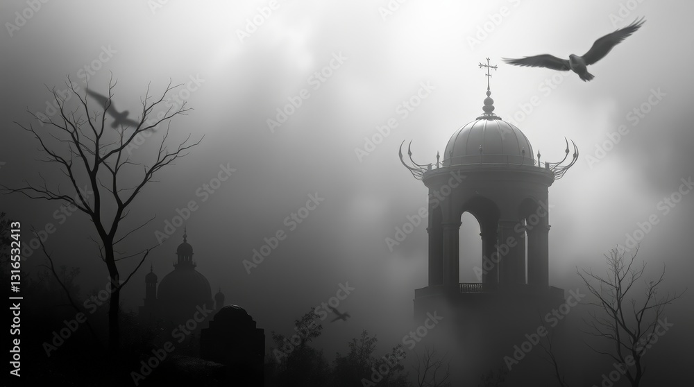 Fototapeta premium Misty Church and Birds