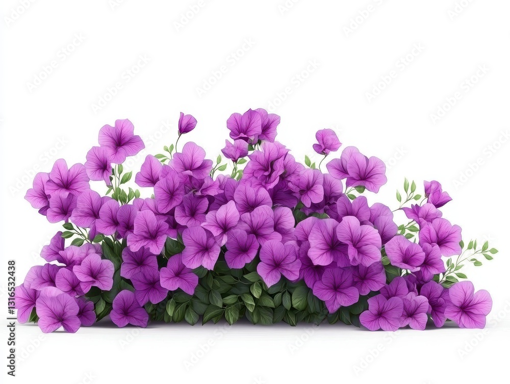 Vibrant display of purple petunias blooming against a clean white backdrop Vibrant display of purple petunias blooming against a clean white backdrop