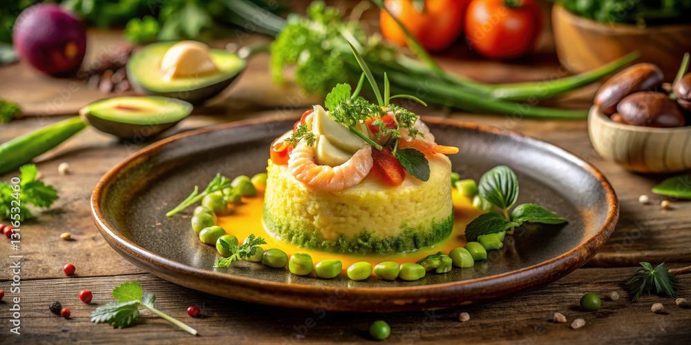 Gourmet culinary creation featuring a vibrant layered mashed potato dish, adorned with succulent shrimp, fresh herbs, and a vibrant yellow sauce, elegantly presented on a rustic dark plate Gourmet culinary creation featuring a vibrant layered mashed potato dish, adorned with succulent shrimp, fresh herbs, and a vibrant yellow sauce, elegantly presented on a rustic dark plate