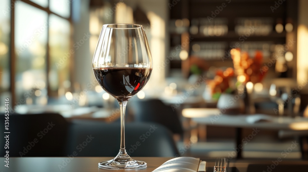 Fototapeta premium Elegant wine glass filled with red wine on a restaurant table