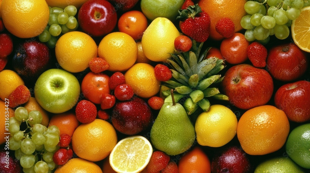 Bountiful Assortment of Fresh Fruits Displayed in a Vibrant Pattern Featuring Apples, Oranges, Grapes, and More on a Wooden Surface Bountiful Assortment of Fresh Fruits Displayed in a Vibrant Pattern Featuring Apples, Oranges, Grapes, and More on a Wooden Surface