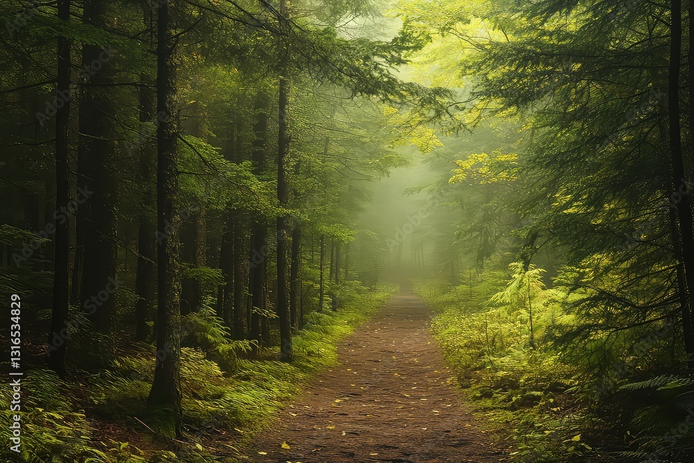 Fototapeta premium A misty path through towering evergreens, where nature's silence is only broken by rustling leaves.