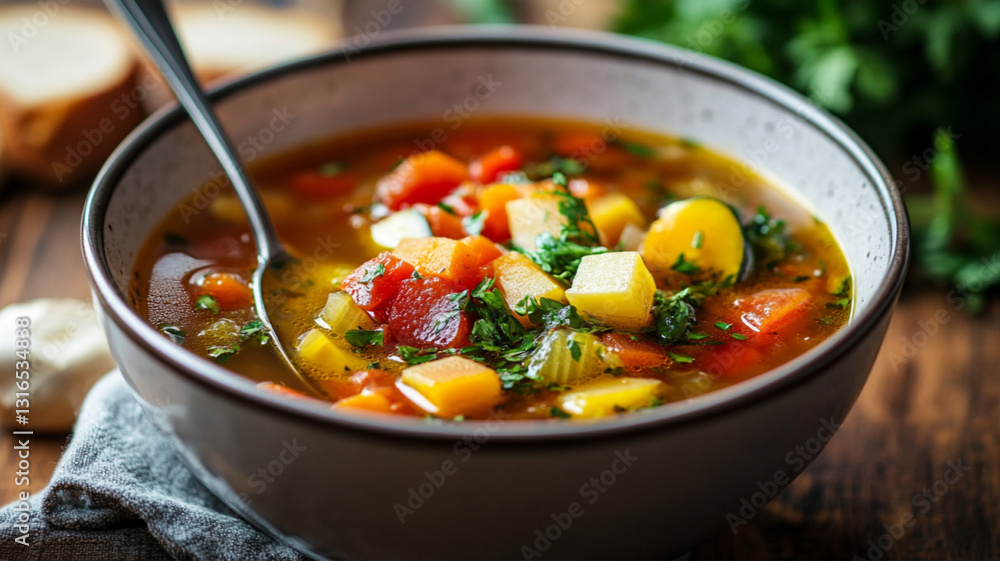 A bowl of vegetable soup with a spoon A bowl of vegetable soup with a spoon