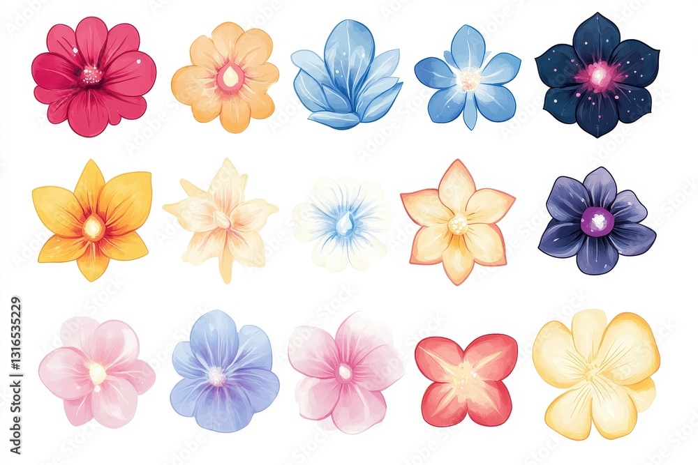 Artistic illustrations showing colorful painted flower arrangements on a white background Artistic illustrations showing colorful painted flower arrangements on a white background