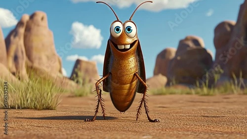 Cartoon cockroach in desert landscape, cheerful expression, for children's content