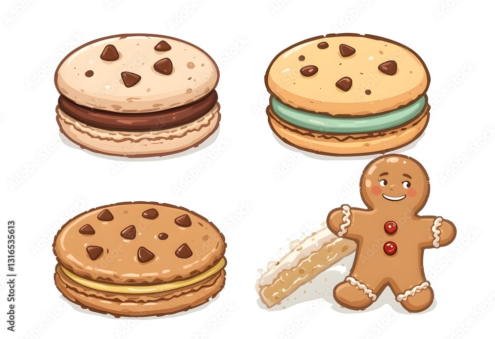 different cookie designs including chocolate chip, colorful macarons, classic shortbread, and a gingerbread cookie, all in a charming, children's storybook illustration style. different cookie designs including chocolate chip, colorful macarons, classic shortbread, and a gingerbread cookie, all in a charming, children's storybook illustration style.