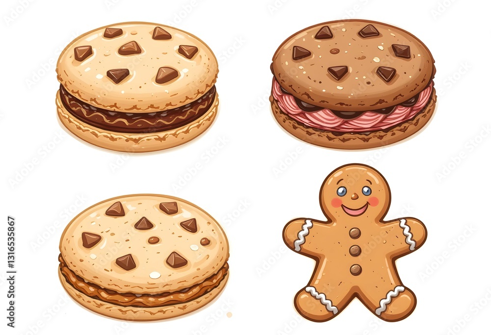different cookie designs including chocolate chip, colorful macarons, classic shortbread, and a gingerbread cookie, all in a charming, children's storybook illustration style. different cookie designs including chocolate chip, colorful macarons, classic shortbread, and a gingerbread cookie, all in a charming, children's storybook illustration style.
