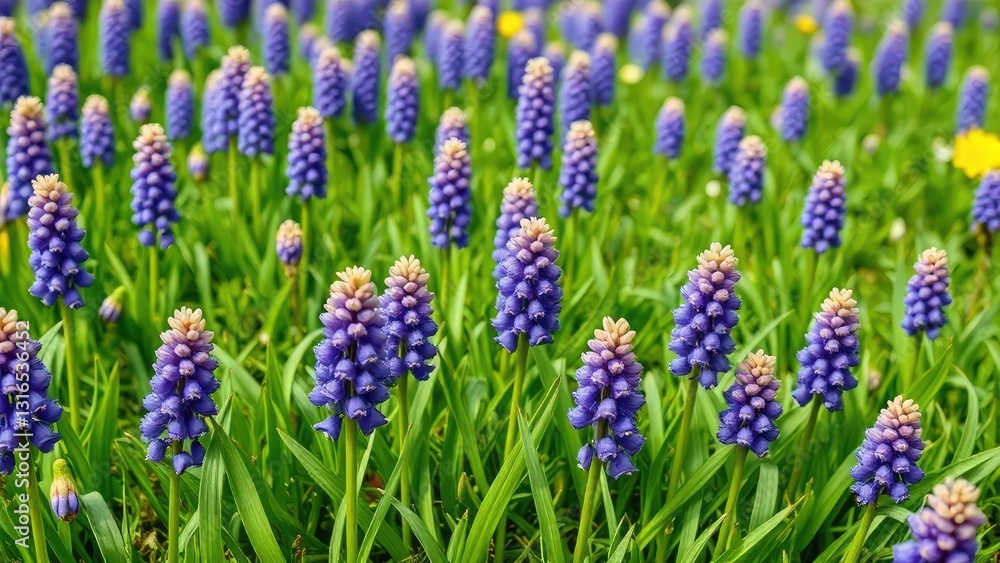 Colorful grape hyacinth flowers blooming on a lush green meadow, nature,, garden Colorful grape hyacinth flowers blooming on a lush green meadow, nature,, garden