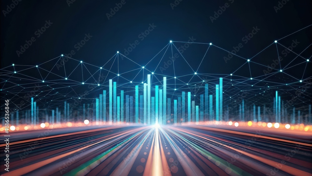 Vibrant cityscape with interconnected lines and dots representing digital marketing insights in a futuristic setting