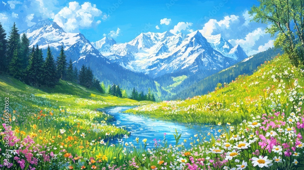 Fototapeta premium Sunny alpine meadow with stream, wildflowers, and snow-capped mountains.