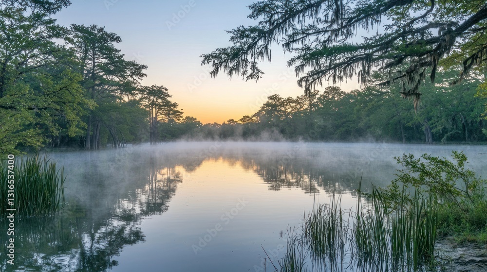 Obraz premium Misty sunrise over calm lake reflecting trees.
