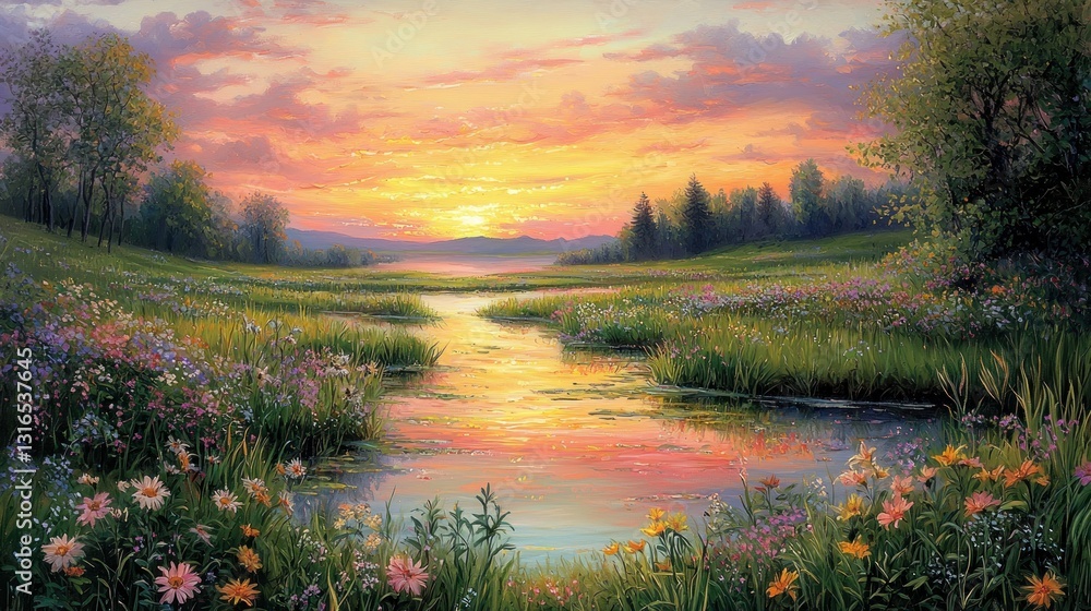 Obraz premium Serene sunset over tranquil river flowing through vibrant wildflowers meadow.