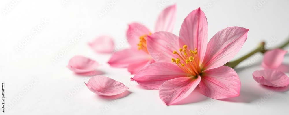 Fototapeta premium Delicate flower petals unfolding on a white surface, white background, isolation