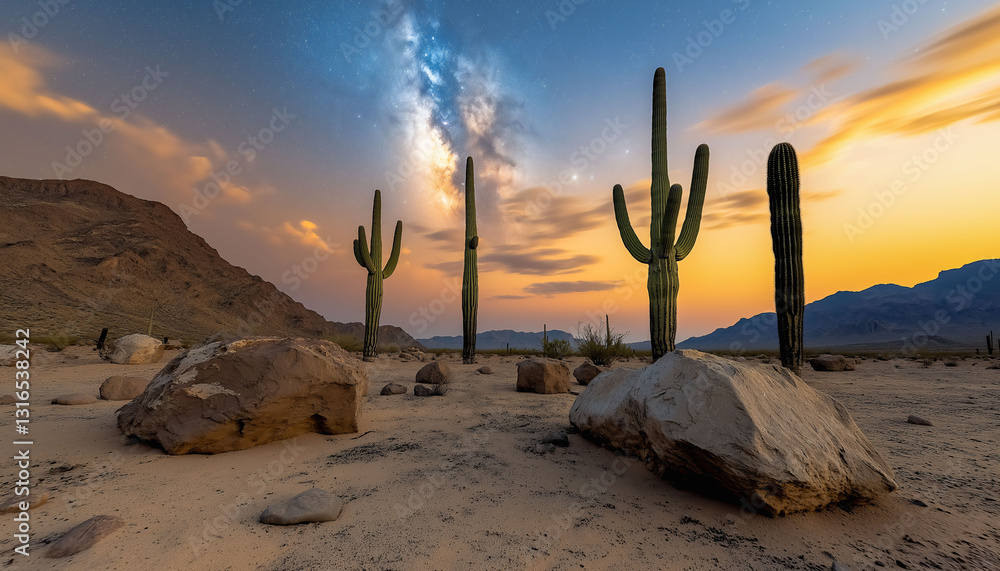 Desert Sunset Panorama: A breathtaking panorama unfolds, showcasing towering saguaro cacti silhouetted against a vibrant sunset. The arid landscape is painted with warm hues. Desert Sunset Panorama: A breathtaking panorama unfolds, showcasing towering saguaro cacti silhouetted against a vibrant sunset. The arid landscape is painted with warm hues.