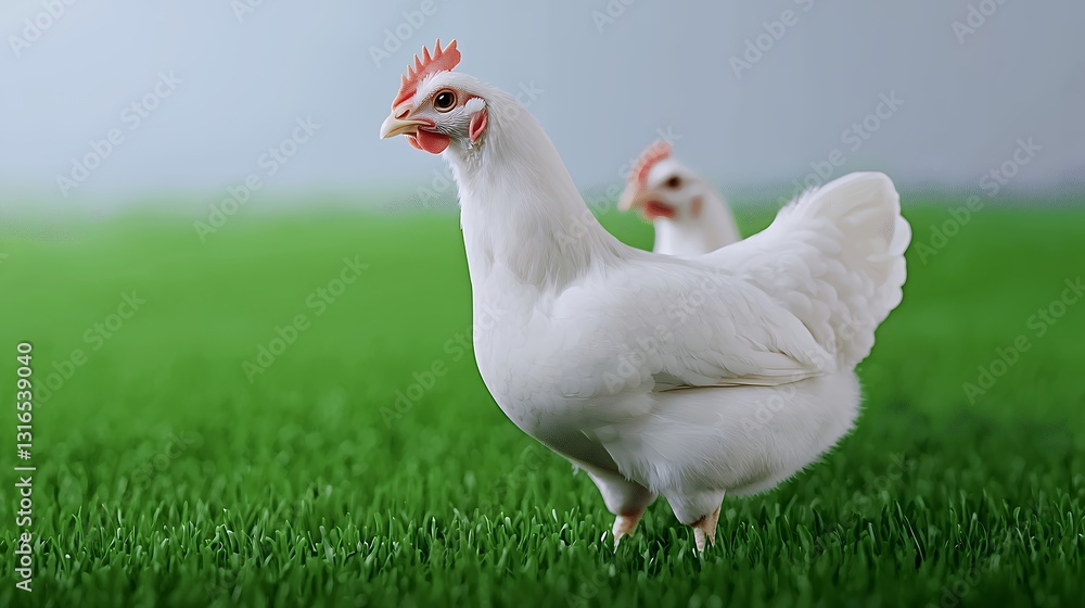 Fototapeta premium White Chickens in Green Grass Farm Pasture Poultry Farming Scene