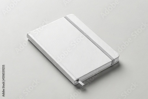 Elegant hardcover white notebook mockup with an elastic band and a ribbon bookmark, placed on a neutral background. Ideal for branding, stationery design, and professional presentation.