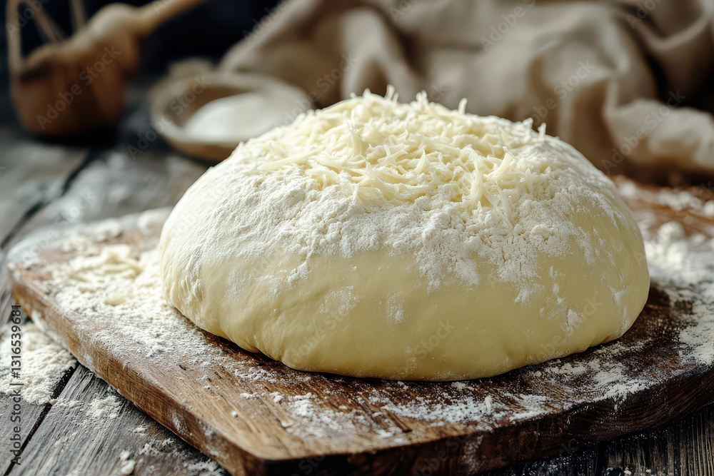 Freshly kneaded dough resting on a wooden board, surrounded by flour and kitchen tools Freshly kneaded dough resting on a wooden board, surrounded by flour and kitchen tools