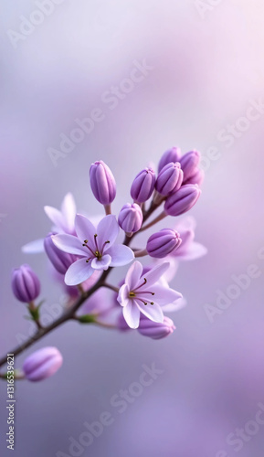 Close-up lilac flower, single stem, blossoms in various bloom stages, soft purples and whites