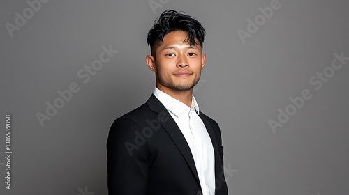 Portrait of a Young Man in a Black Suit Against a Gray Background AI Generated