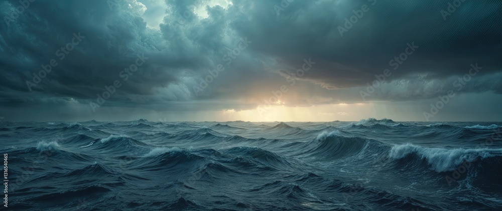 Fototapeta premium Vast turbulent ocean, dark stormy waves with whitecaps, dramatic sky filled with heavy gray clouds, golden light breaking through, high-contrast lighting, intense and moody seascape, wide atmospheric