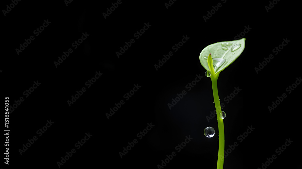 Green plant sprout with water drops on dark background. Nature and new beginning concept Green plant sprout with water drops on dark background. Nature and new beginning concept