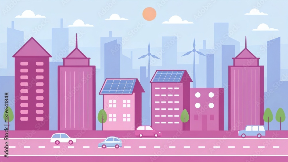 Fototapeta premium Mitigation of carbon emissions helps combat climate change concept. Colorful city skyline with modern buildings and wind turbines under a sunny sky.