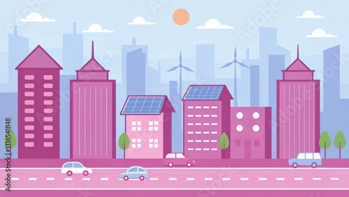 Mitigation of carbon emissions helps combat climate change concept. Colorful city skyline with modern buildings and wind turbines under a sunny sky.