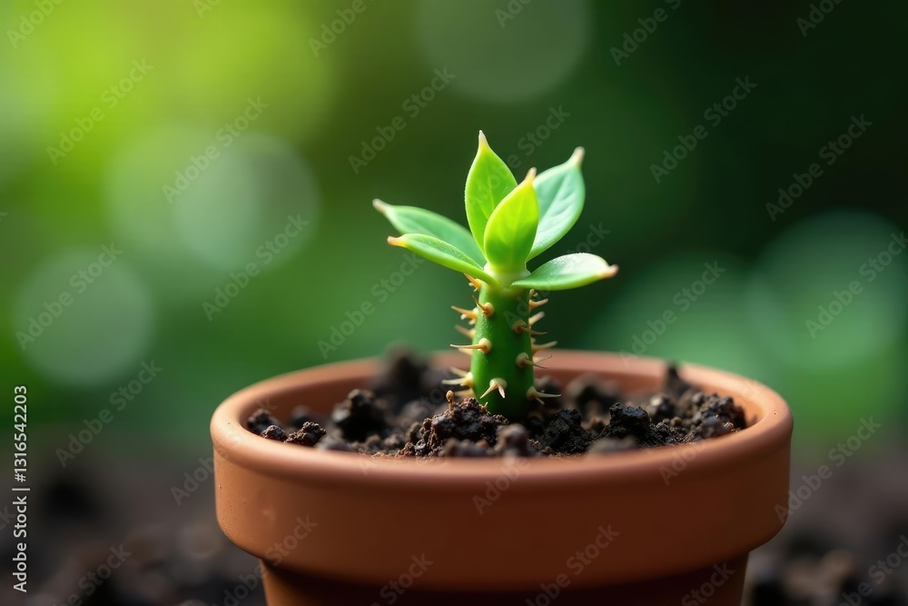 Prickly plant stem emerging green cactus sprout clay pot garden growth, botany, growing Prickly plant stem emerging green cactus sprout clay pot garden growth, botany, growing