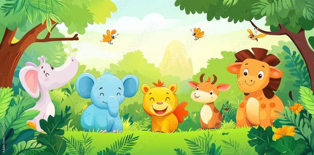 Naklejka premium Cute smiling cartoon animals in a lush green jungle setting